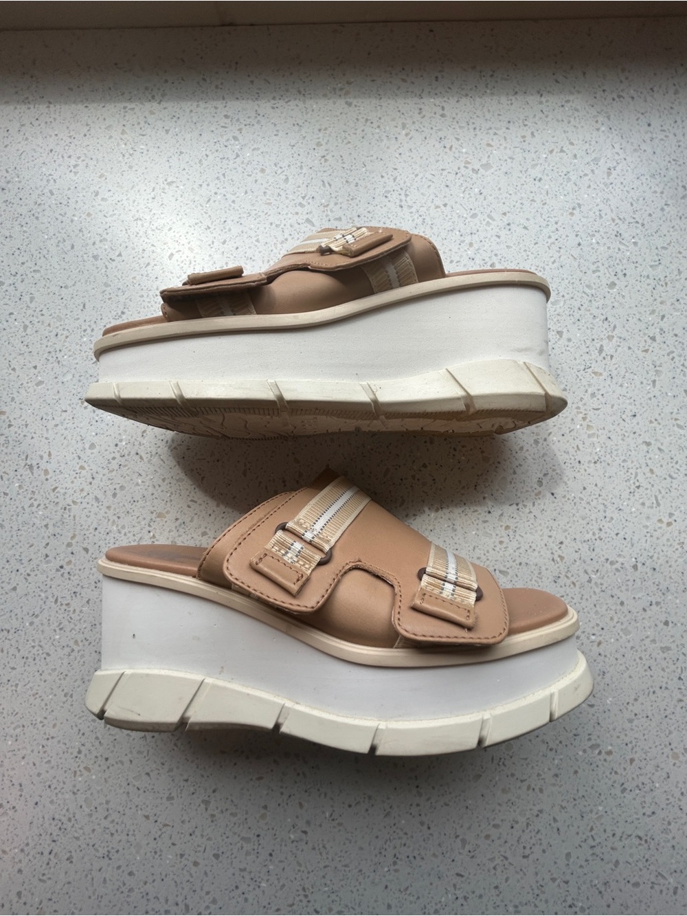 Sorel Beige Platform Slide Sandals with Double Buckles - Picture 2 of 7